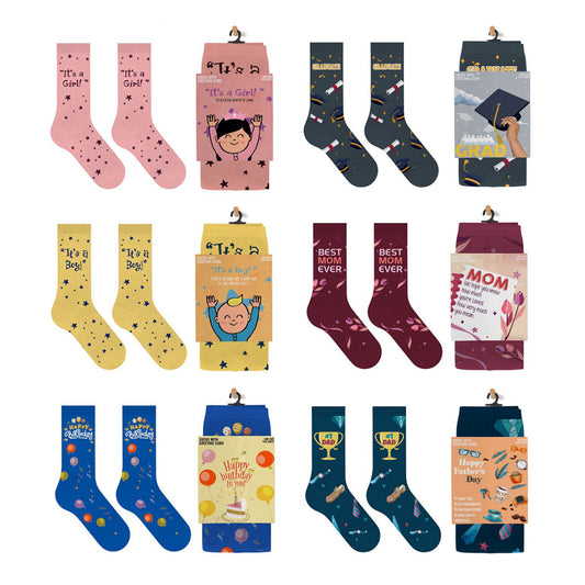 GREETING CARD SOCKS (6 ASSORTED STYLES)