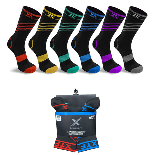 6-Pairs: Striped Design Crew Length Recovery Compression Socks